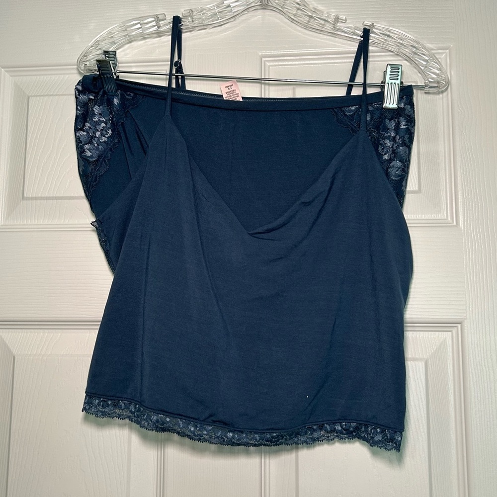 NWT Victoria's Secret Blue Lace Pajama Set Womens Large Floral Sleep Tank Short